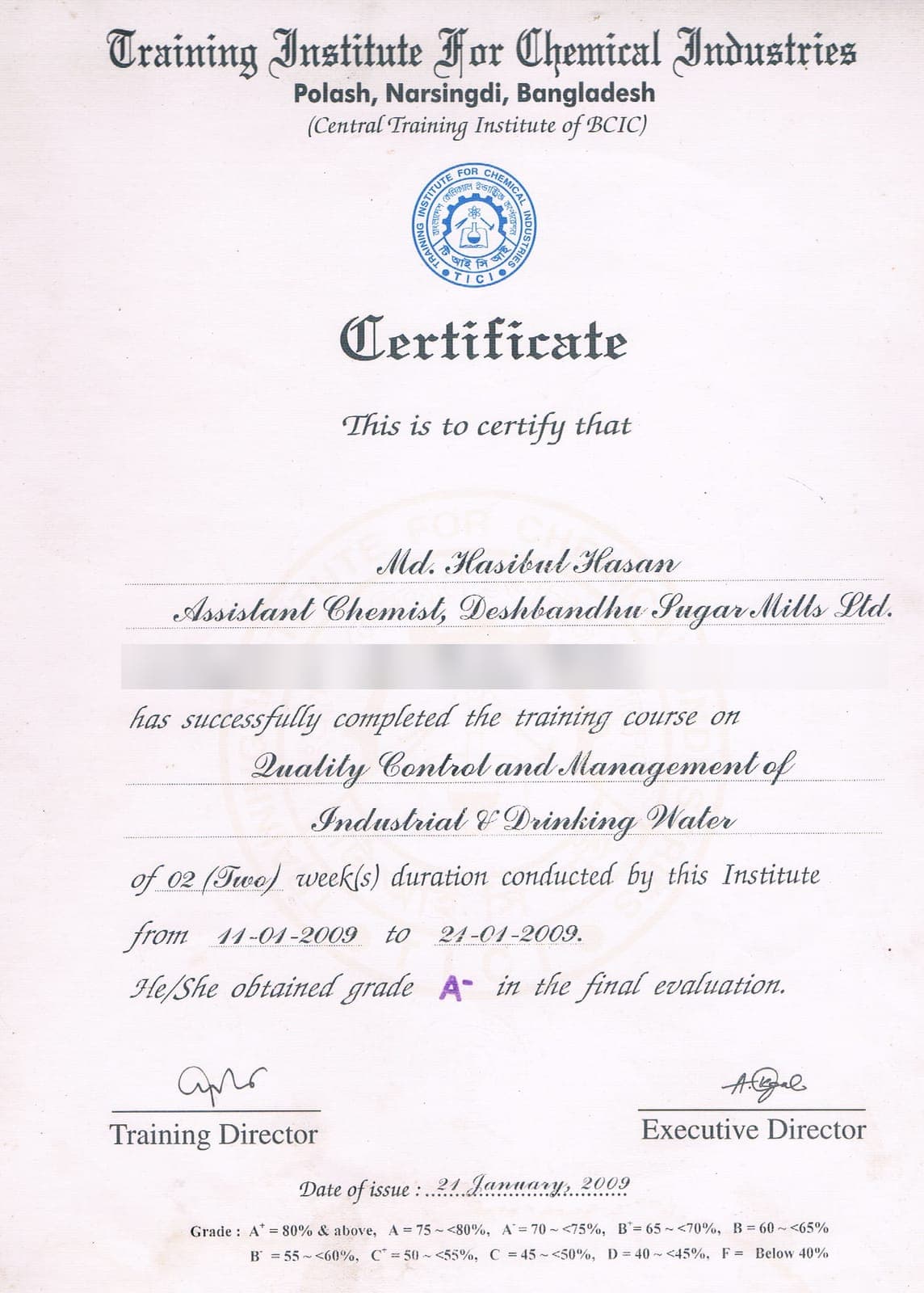 Quality Control & Management of Industrial & Drinking Water certificate issued by Training Institute for Chemical Industries (TICI), Narsingdi