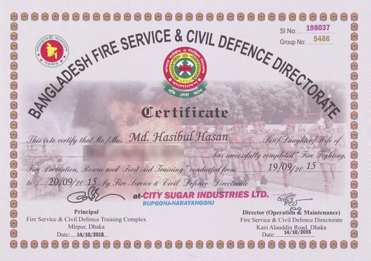 Fire Fighting, Prevention, Rescue & First Aid Training certificate issued by Bangladesh Fire Service & Civil Defence Directorate