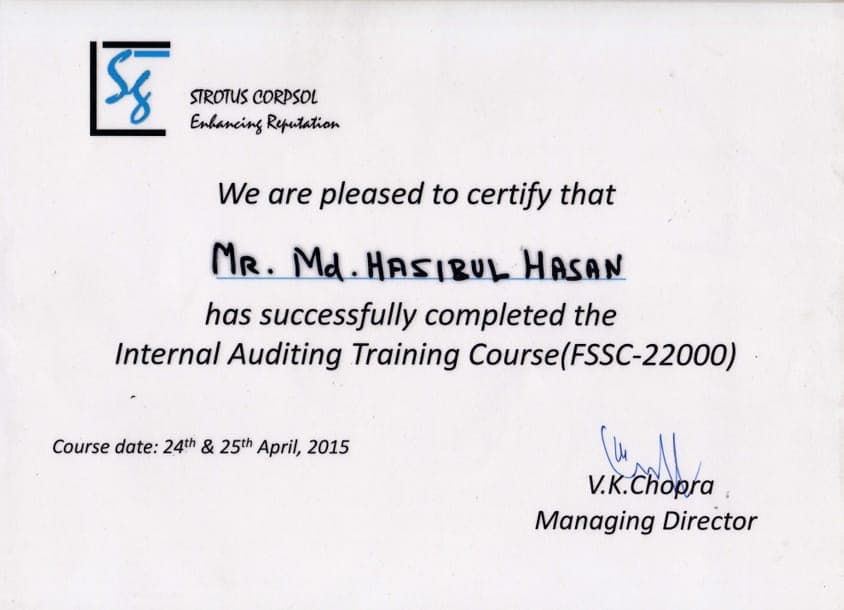 Internal Auditing Training (FSSC 22000) certificate issued by Strotus Corpsol