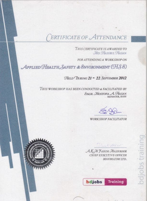 Applied Health, Safety & Environment (HSE) certificate issued by bdjobs Training