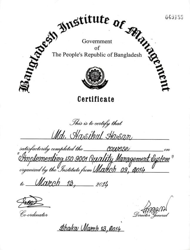 Implementing ISO 9001 Quality Management System certificate issued by Bangladesh Institute of Management