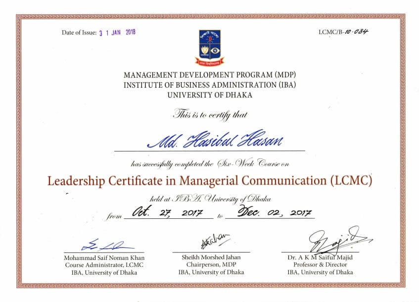Leadership Certificate in Managerial Communication (LCMC) certificate issued by IBA, University of Dhaka
