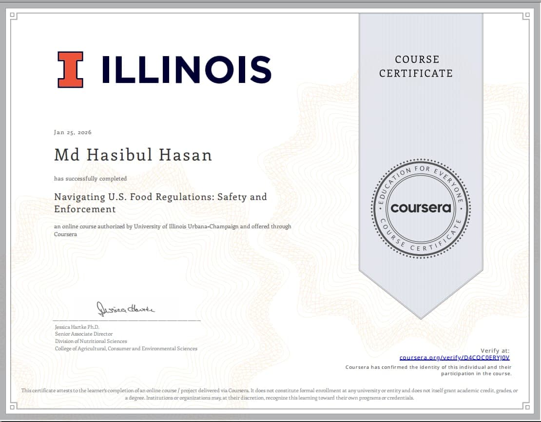 Navigating U.S. Food Regulations: Safety and Enforcement certificate issued by Coursera / University of Illinois