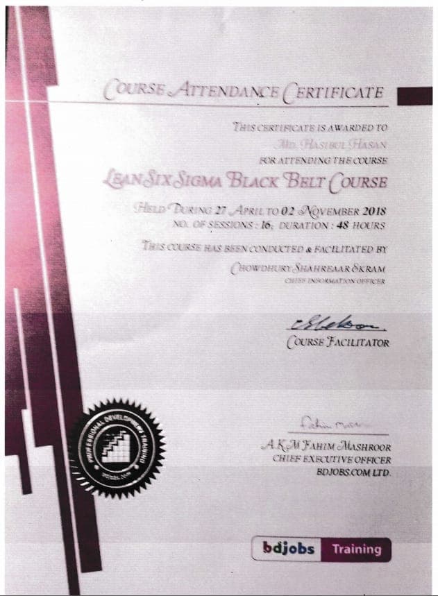 Lean Six Sigma Black Belt Course certificate issued by bdjobs Training