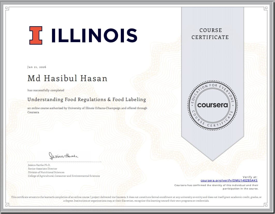 Understanding Food Regulations & Food Labeling certificate issued by Coursera / University of Illinois